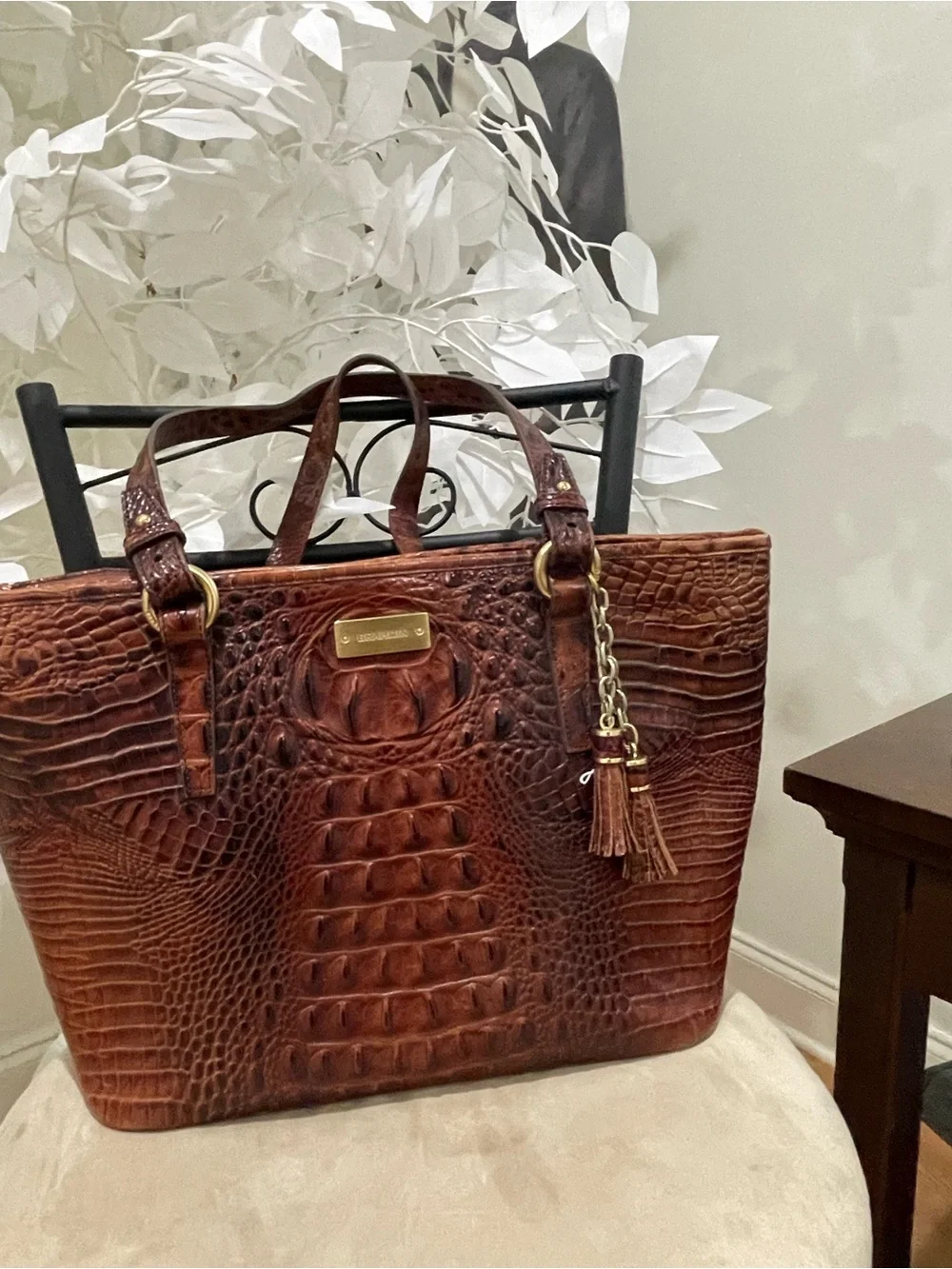 Brahmin Cognac Croc-Embossed Leather Tote with Tassel Charm